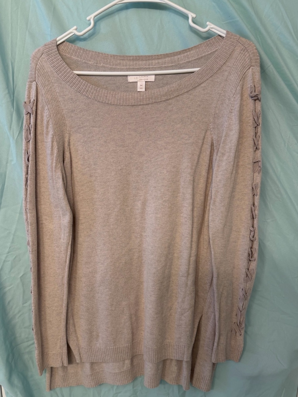 LC Lauren Conrad Taupe Lace-Up Sleeve Knit Pullover